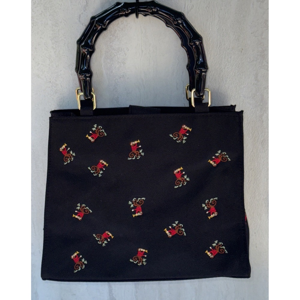 Vtg Tianni Monkey Playing Trumpets Purse Handbag Black Bamboo Handles New #8525